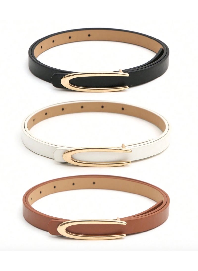 Shein 3pcs Women's Golden Styling Buckle Black,White And Brown Versatile Romantic Casual Thin Belt Universal For All Seasons Summer, School Fall, Autumn, Halloween - Image 1