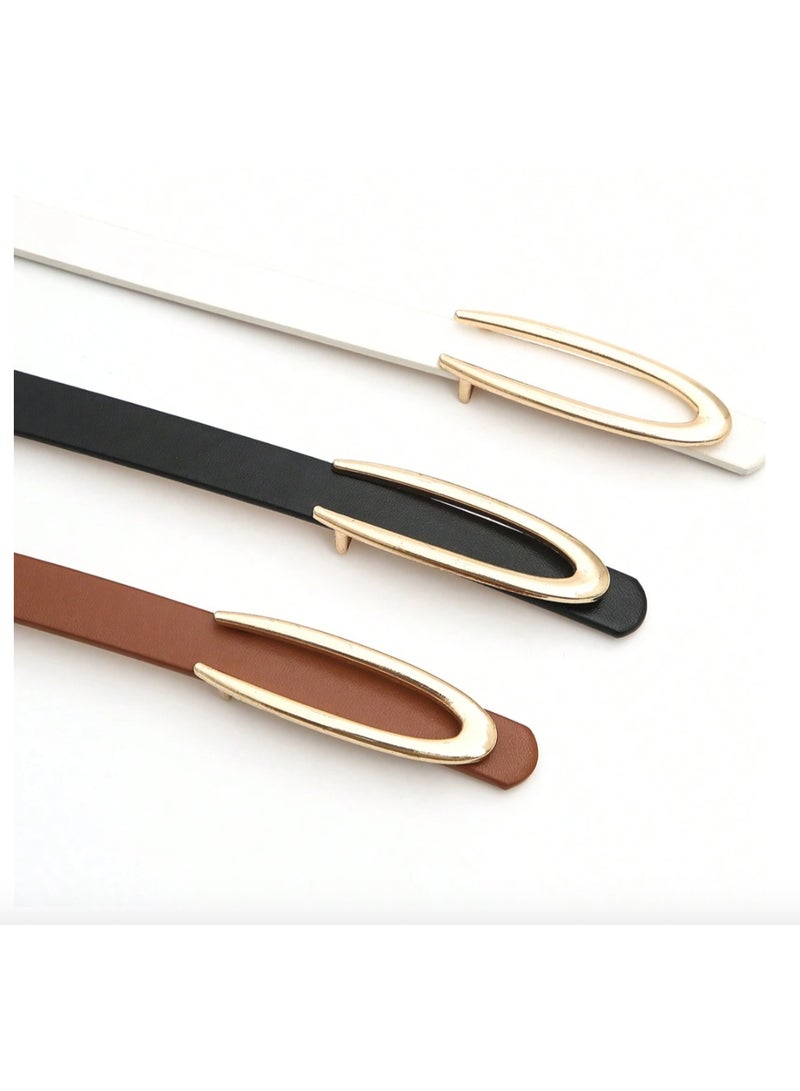 Shein 3pcs Women's Golden Styling Buckle Black,White And Brown Versatile Romantic Casual Thin Belt Universal For All Seasons Summer, School Fall, Autumn, Halloween - Image 2