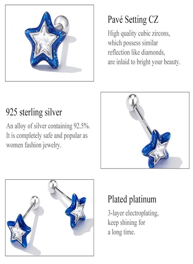 Qings Blue Star Stud Earrings 925 Sterling Silver Shiny Tiny Double-layered Stars Ear Studs Fashion Jewelry for Women - Image 4