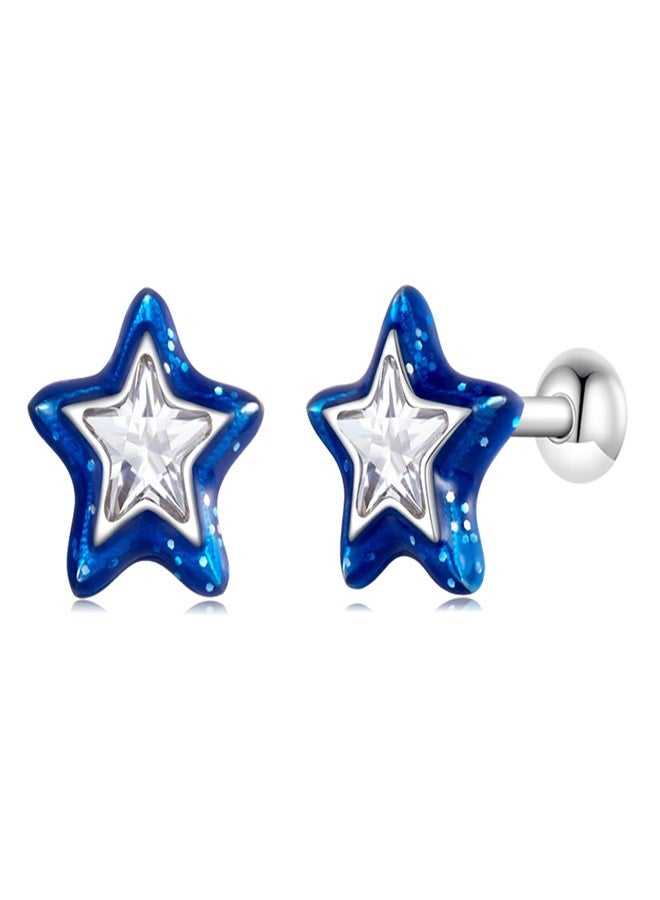 Qings Blue Star Stud Earrings 925 Sterling Silver Shiny Tiny Double-layered Stars Ear Studs Fashion Jewelry for Women - Image 1