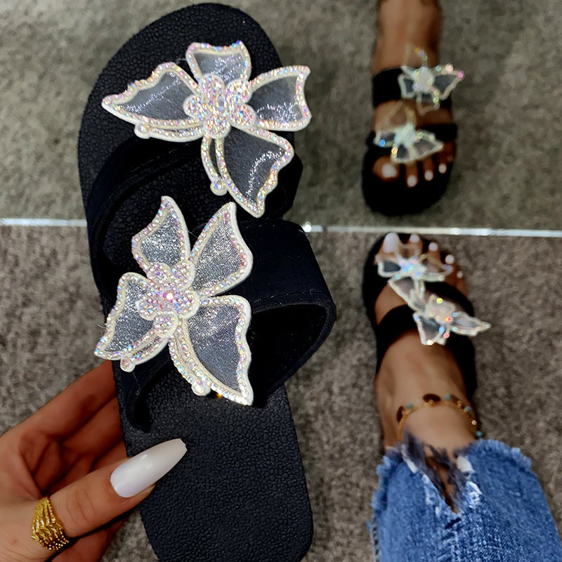 Wholesale in stock plus size cross-border independent network summer new feet bow flash diamond sandals womens word slippers White 