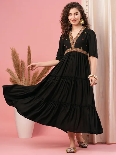 globus Women Embroidered Tiered Maxi Ethnic Dress