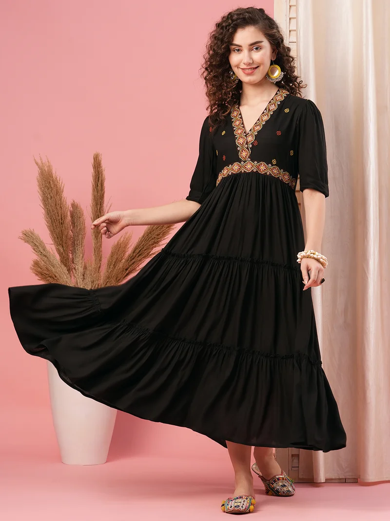 globus Women Embroidered Tiered Maxi Ethnic Dress