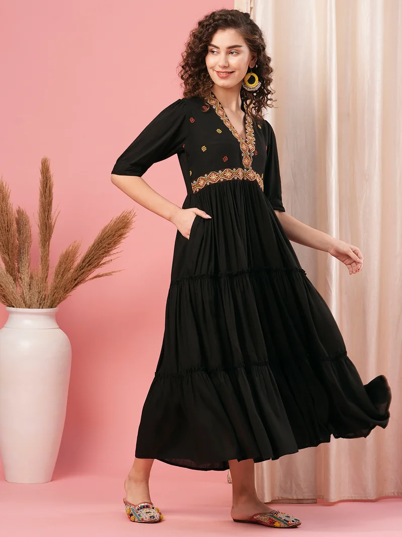 globus Women Embroidered Tiered Maxi Ethnic Dress