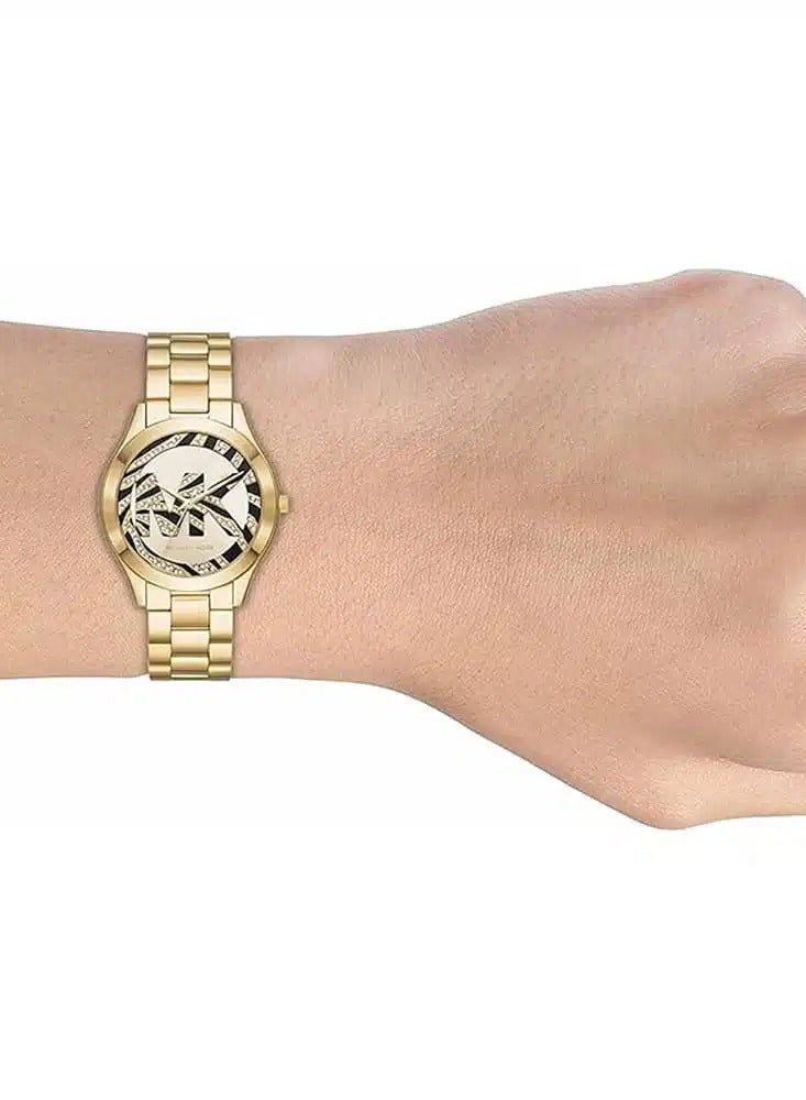 ام كي ساعة نسائية تناظرية بمينا مطبوع باللون الذهبي MK4561 - Image 4