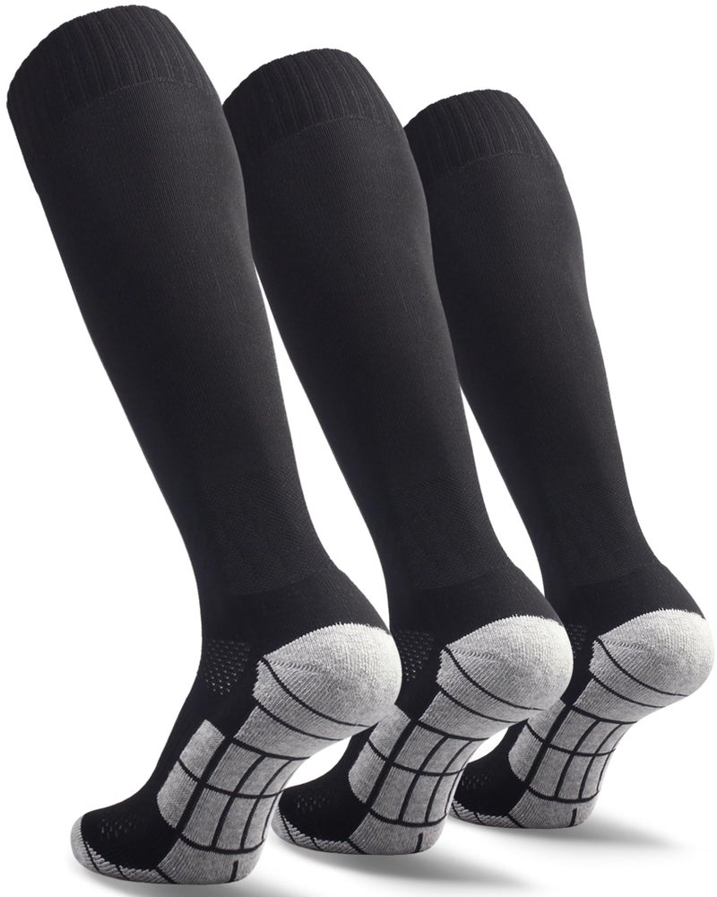 CWVLC Men's Baseball Socks 3 Pairs, Soccer Football Sport, Softball Team Athletic Socks, Knee High Long Tube Cotton Arch Ankle Compression Socks, Black, X-Large - Image 1