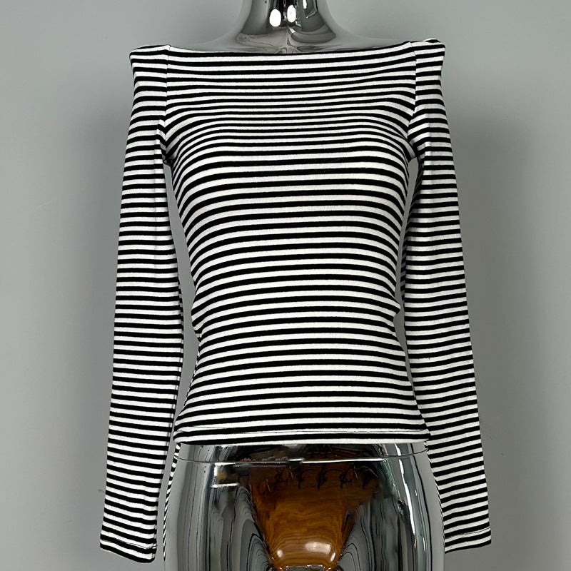 South Korea Dongdaemun New Women'S Clothing Han Mei Hand Bi ~ Shoulder Striped Slim Long Sleeve T-Shirt - Image 1
