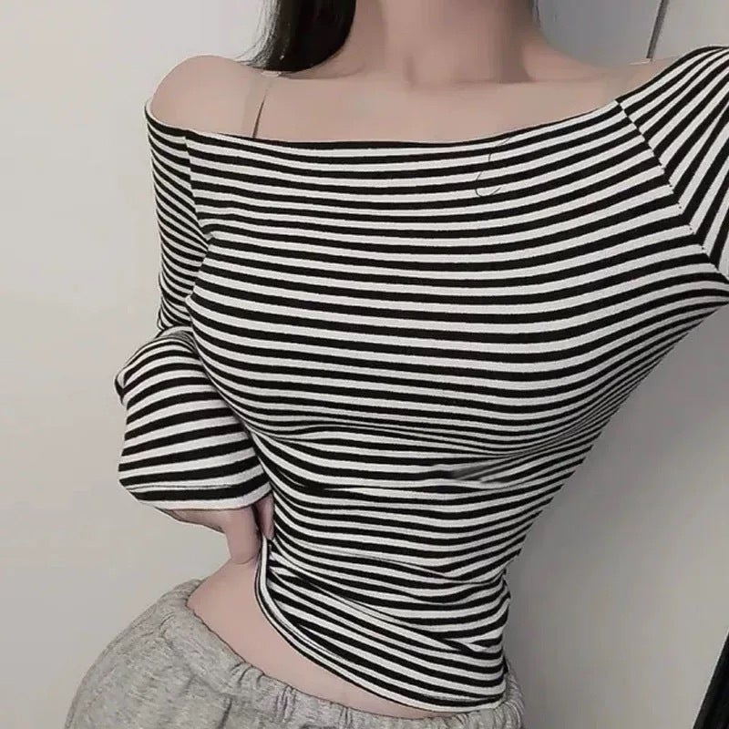 South Korea Dongdaemun New Women'S Clothing Han Mei Hand Bi ~ Shoulder Striped Slim Long Sleeve T-Shirt - Image 5
