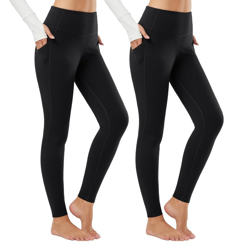 baleaf Women's Fleece Lined Leggings Thermal Warm Winter Leggings High Waisted Thick Yoga Pants Cold Weather with Pockets Black/Black S - Image 1