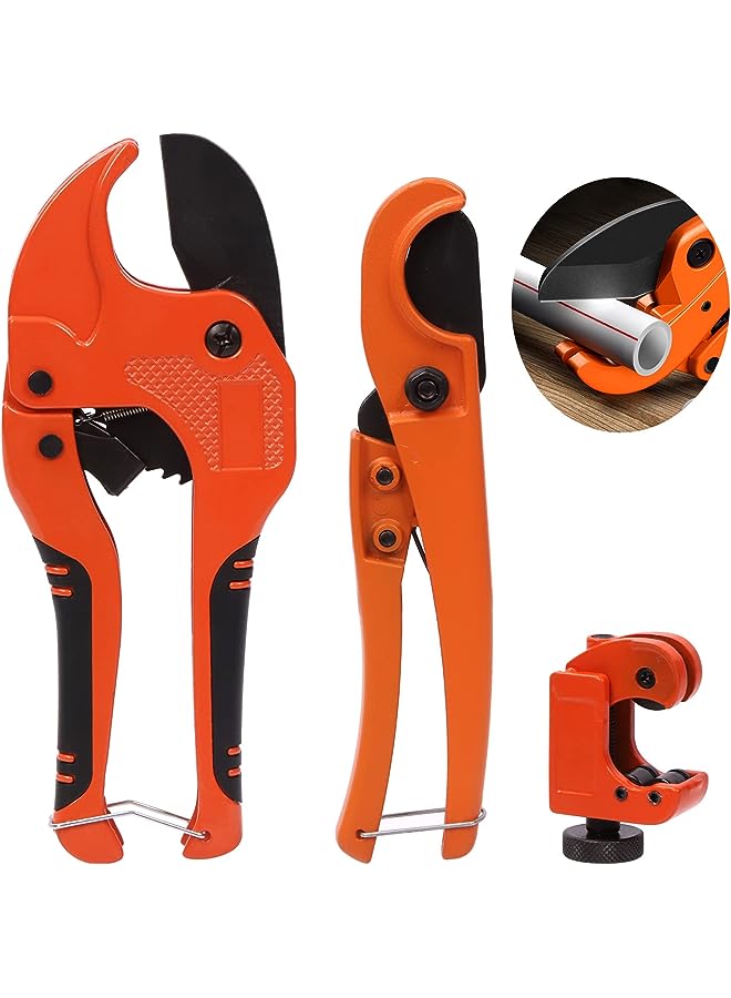 vesus 3Pcs Ratchet PVC Pipe Cutter Tool and PEX Straight Cut Pipe Cutter with Mini Tube Cutter, Ratchet-type Pipe Cutter One-hand Fast Pipe Cutting Tool PEX Tube Cutters for Pipe Cutting - Image 1