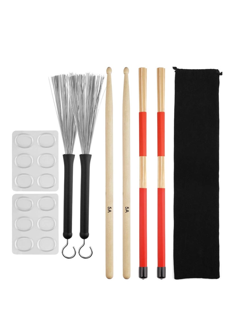 SYOSI Drum Sticks Set, 5A Maple Wood Drumsticks Set - Includes Drum Rods Brushes, Retractable Drum Wire Brushes, 12PCS Drum Dampeners, and Portable Bag - Perfect for Kids and Adults  - Image 1