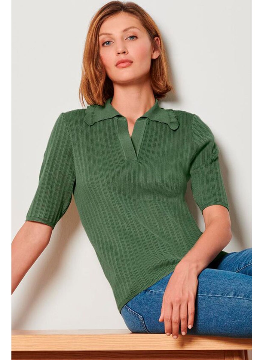 Tchibo Women Spread Collar Elbow Sleeves Knitted Polo Shirt, Olive  - Image 1