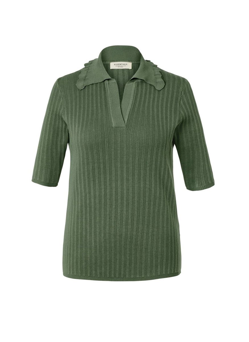 Tchibo Women Spread Collar Elbow Sleeves Knitted Polo Shirt, Olive  - Image 2