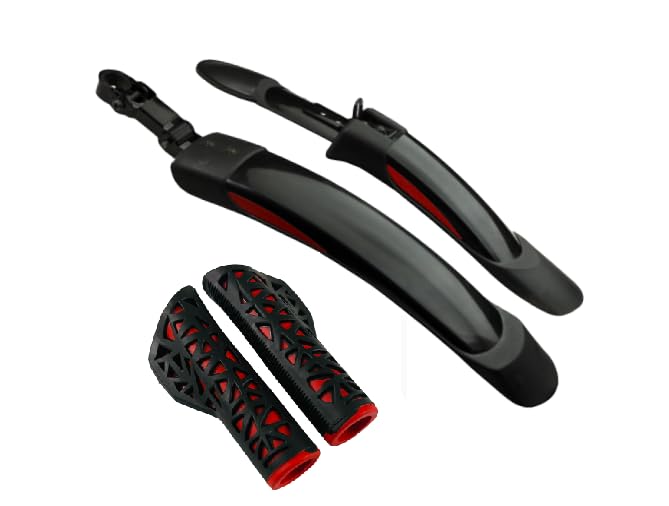 Shrenik Bicycle Mudguard || Handle Grip Compatible 26, 27.5, 29 Inch Cycle Flying Fender Reflective Tape Front Back Set || Handlebar Grip Soft Rubber Non Toxic 12.5cm || Color Black-Red - Image 1