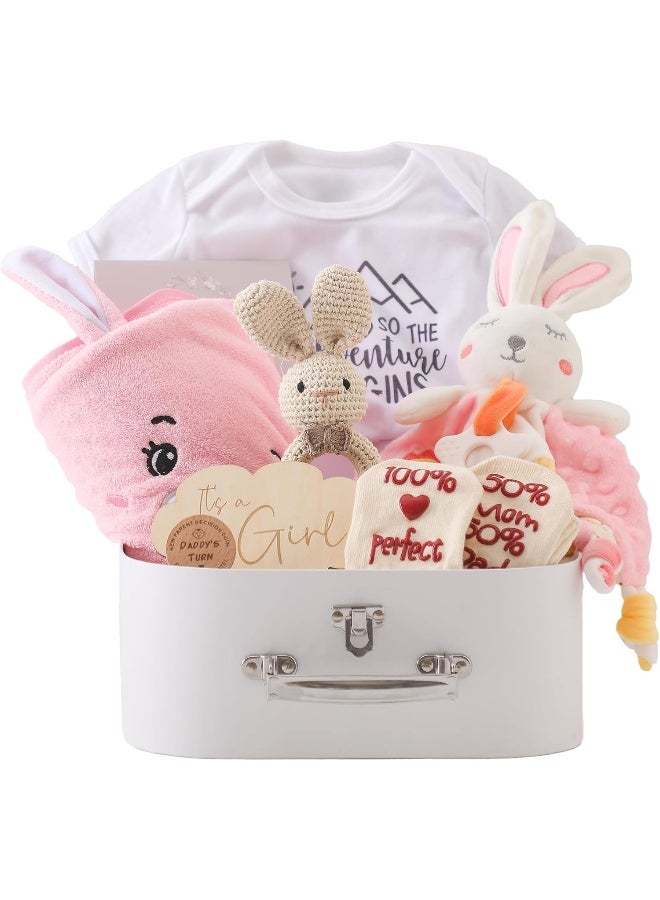 bopoobo bopoobo Baby Shower Gifts for Girls, New Born Baby Gifts for Girls, Unique Baby Gifts Basket Essential Stuff, Gender Reveal Gifts, Onesie, Blanket, Rattle, Lovey, Socks, Gift Card, Decision Coin, Milestone - Image 1
