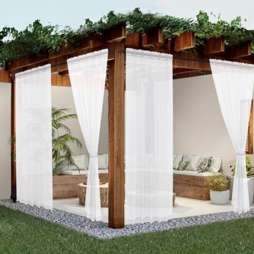 youleyar White Sheer Outdoor Curtains for Patio Waterproof 2 Panels Linen Look Rod Pocket Indoor Voile Curtain for Living Room, Bedroom, Porch, Pergola, Cabana, Gazebo(52x96 Inch, White) - Image 1
