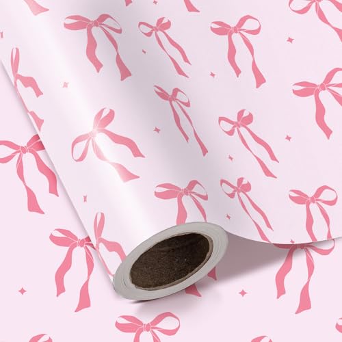WRAPAHOLIC Pink Bow Wrapping Paper Roll Mini Roll 17 Inch x 165 Feet Pink Ribbon Bow Design Perfect for Valentines Day Girls Birthday Bachelorette Party Baby Shower - Image 2