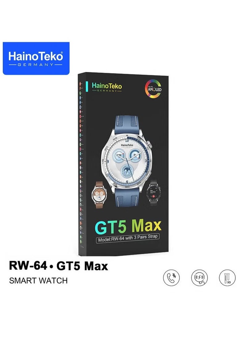 Haino Teko RW-64 GT5 Max Smartwatch – Large Screen AMOLED Display, Voice Assistant, 3 Pair Straps for Men, Premium Design, Silver - Image 1