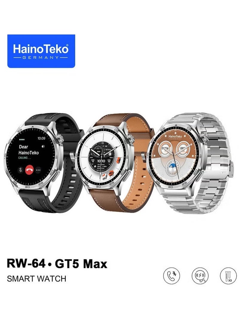 Haino Teko RW-64 GT5 Max Smartwatch – Large Screen AMOLED Display, Voice Assistant, 3 Pair Straps for Men, Premium Design, Silver - Image 2
