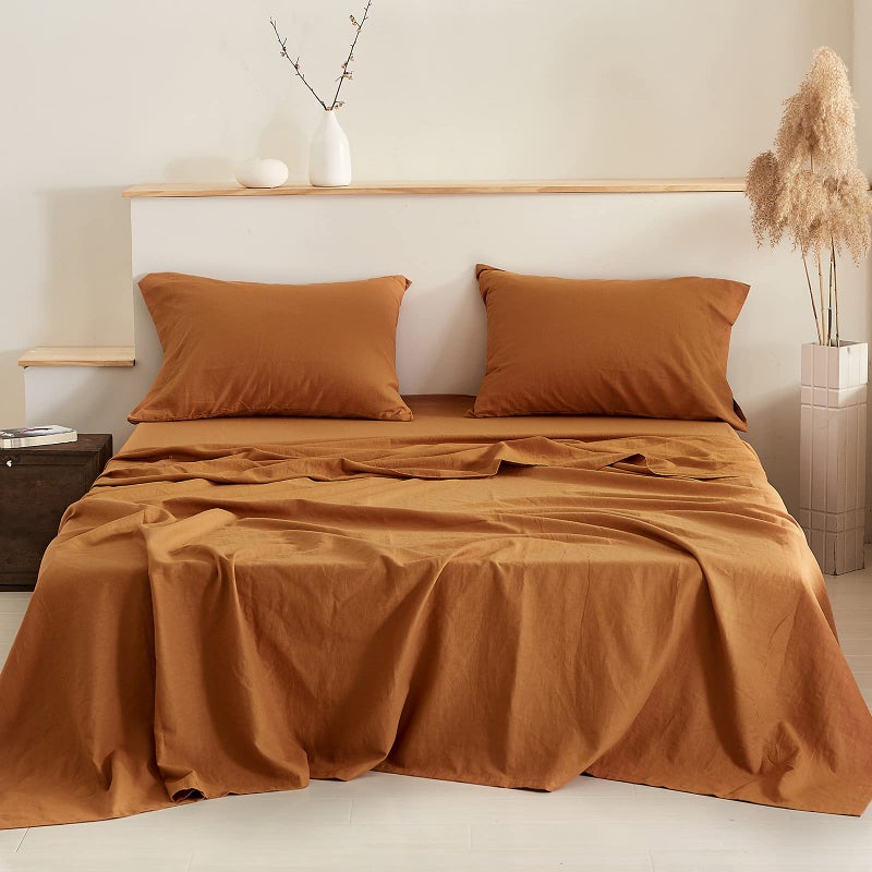 SimpleOpulence Belgian Linen Sheet Set Solid Color Sheet Set 4PC  Cal King Natural Flax Cotton Blend Soft Breathable Farmhouse Bedding  California King Rust