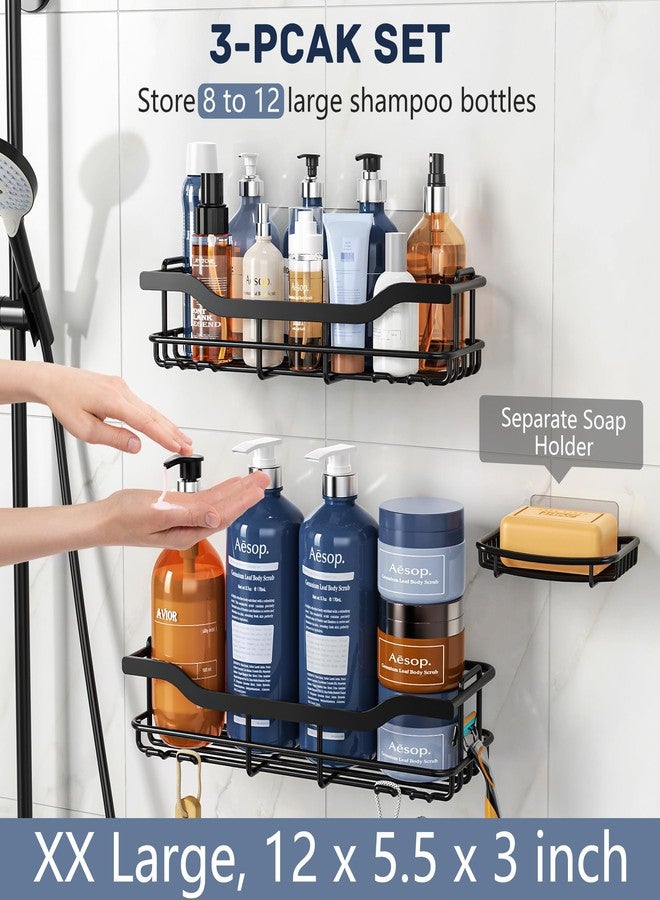 OMAIRA 3-Pack Shower Caddy with Soap Holder, Adhesive Rustproof No-drill Strudy Loading Inside Shower Organizer Shelves Rack Storage Bathroom Organization for Smooth Wall Glass Tile, Black (X-Large) - Image 3