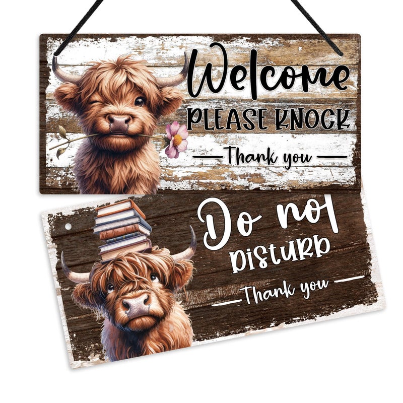 Putuo Decor Cute Highland Cow "Please Knock" & "Do Not Disturb" Reversible Door Sign Fun Rustic PVC Door Decoration for Kidsâ€™ Rooms, Offices, Nurseries, Bedroom, Meeting Room - Image 1