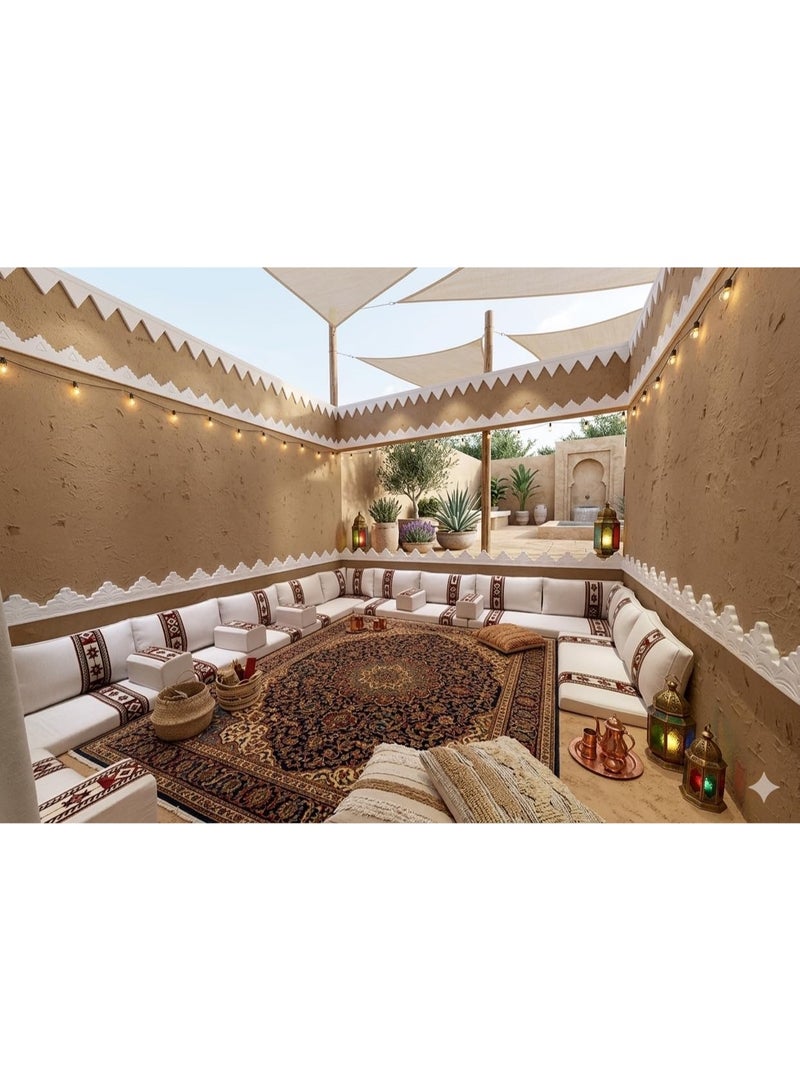 اكس بوت طقم جلسة أرضية مجلس عربي باللون الأبيض مع نقش أحمر مطرّز، تصميم عربي تقليدي، مناسب للاستراحة في الفناء الخارجي - Image 1