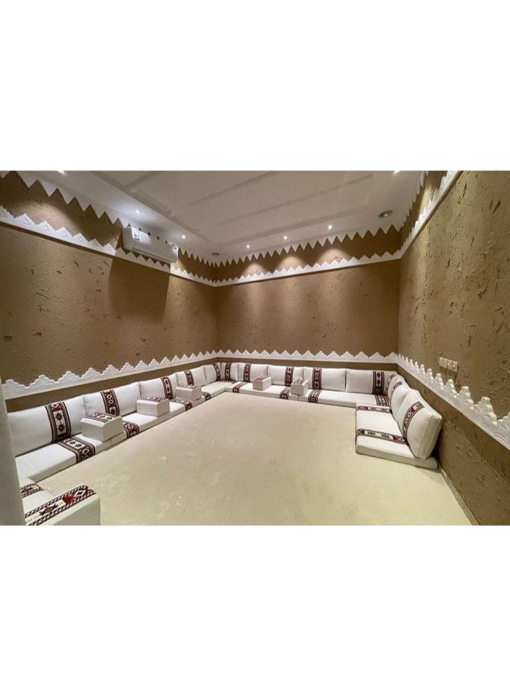 اكس بوت طقم جلسة أرضية مجلس عربي باللون الأبيض مع نقش أحمر مطرّز، تصميم عربي تقليدي، مناسب للاستراحة في الفناء الخارجي - Image 3