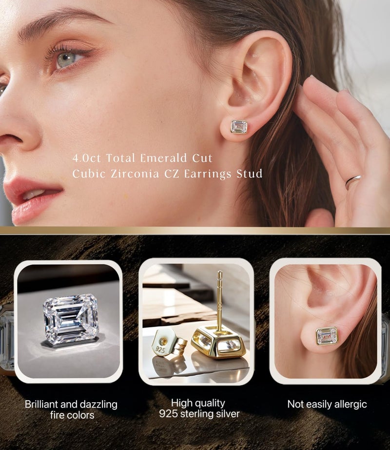 Raneecoco 4.0ct Total Emerald Cut Cubic Zirconia CZ Earrings Stud / 18K Yellow Gold Plated Sterling Silver - Image 4