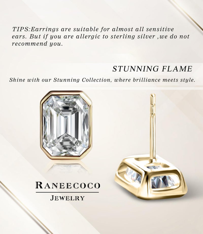 Raneecoco 4.0ct Total Emerald Cut Cubic Zirconia CZ Earrings Stud / 18K Yellow Gold Plated Sterling Silver - Image 3
