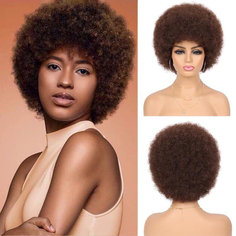 G&T Wig GT Wig 70s Afro Wigs for Black Women Brown Afro Puff Wigs Natural Looking Fluffy and Bouncy Afro Curly Wigs for Daily Party Use Brown Black