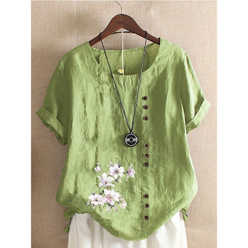 2023 in stock cross-border foreign trade spring new European and American womens flower button plus size cotton and linen shirt shirt shirt Grass Green 
