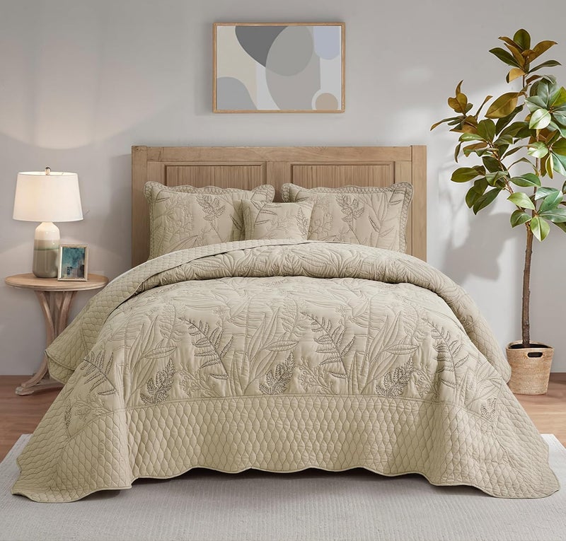 DaisyHuang Botanical Oversized Bedspread Queen Size  Leaves Pattern Stitching Quilt Set  Elegant  Fresh Style Bedding Coverlets Reversible Lightweight 5 Piece Taupe