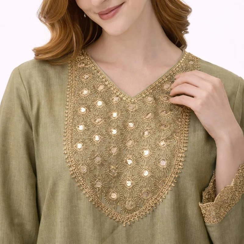 Artemea  Golden Olive Festive Kaftan Jalabiya with Golden Embroidered Neckline and cuff for Women | Best Price UAE