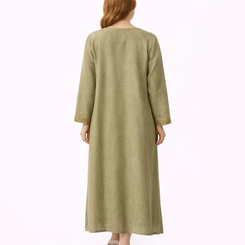 Artemea  Golden Olive Festive Kaftan Jalabiya with Golden Embroidered Neckline and cuff for Women | Best Price UAE
