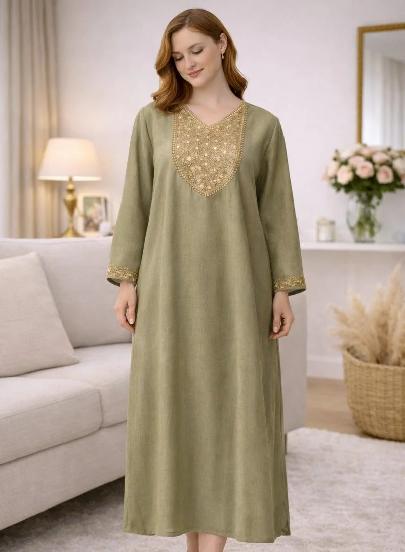 أرتيميا Golden Olive Festive Kaftan Jalabiya with Golden Embroidered Neckline and cuff