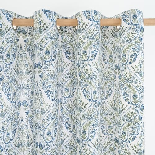 BGment Boho Curtains for Bedroom - Linen Leaf Paisley Floral Pattern Light Filtering Grommet Window Semi Sheer Drapes for Farmhouse, 2 Panels, 52 x 63 Inch, Blue - Image 2