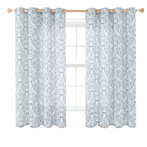 BGment Boho Curtains for Bedroom - Linen Leaf Paisley Floral Pattern Light Filtering Grommet Window Semi Sheer Drapes for Farmhouse, 2 Panels, 52 x 63 Inch, Blue - Image 1