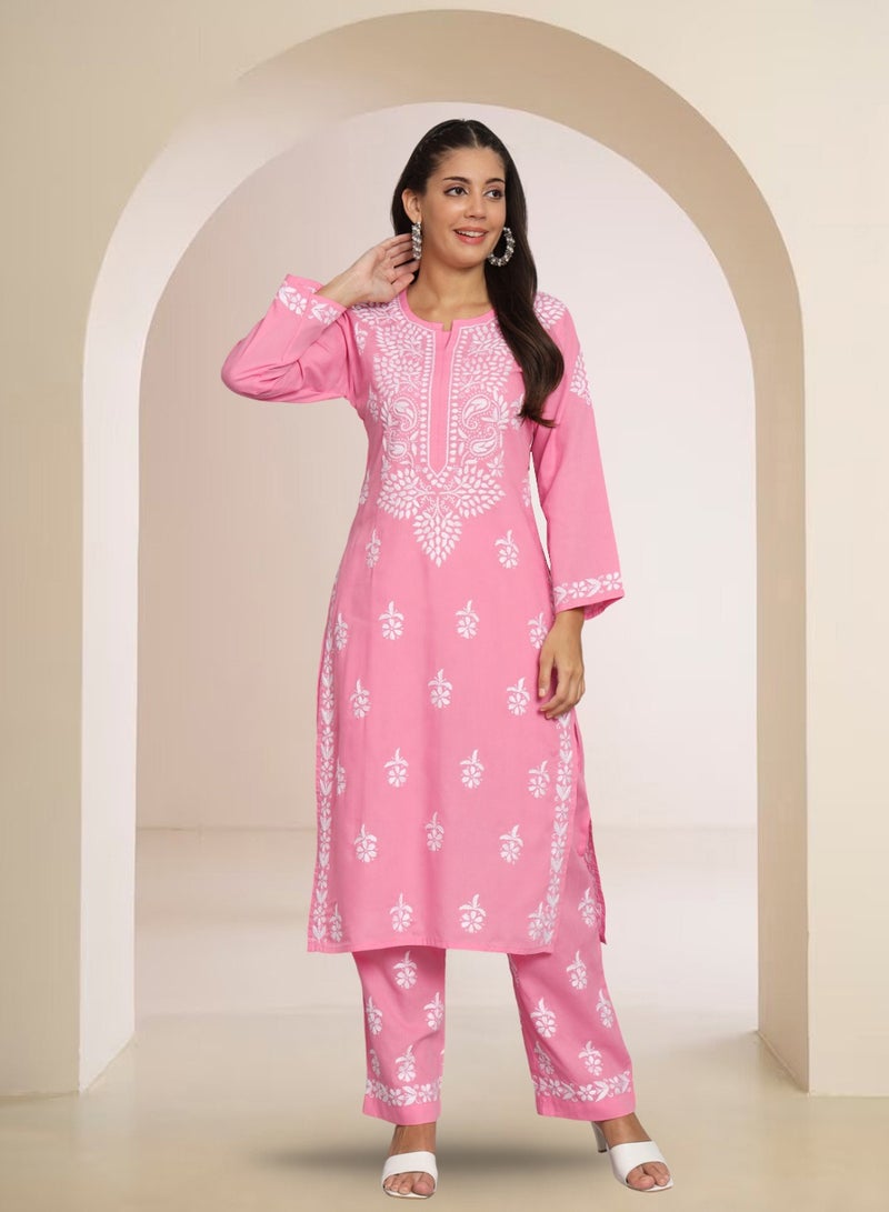 Alaya Women Hand Embroidered Chikankari Cotton Kurta Set-AL3674KS  - Image 1