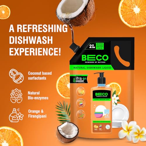 Beco Natural Dishwasher Liquid Refill | 4L - 2 x 2L Pack | Anti-Bacterial Formula | Orange Citrus Freshness | Ecofriendly Dish Washing Liquid Gel | Tough Grease Removal | Leaves No Residue on Utensils - Image 3