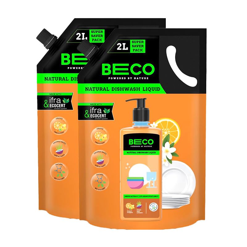 Beco Natural Dishwasher Liquid Refill | 4L - 2 x 2L Pack | Anti-Bacterial Formula | Orange Citrus Freshness | Ecofriendly Dish Washing Liquid Gel | Tough Grease Removal | Leaves No Residue on Utensils - Image 1