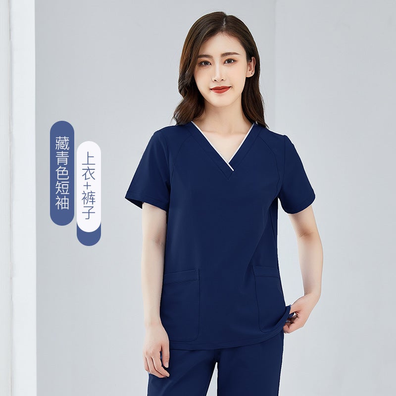 Quick-Drying Hand-Washing Clothes Surgical Clothes Elastic Womens Short-Sleeved Operating Room Nurse Work Clothes High-End Doctors Hand-Brushing Clothes Long-Sleeved Women's navy blue short-sleeve suit 