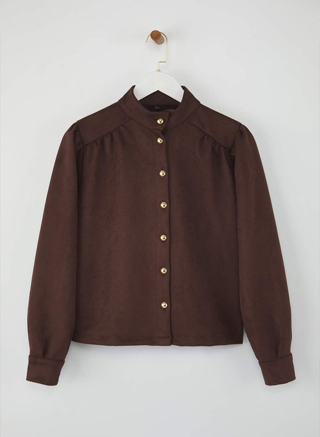 trendyol Dark Brown Button Detailed Suede Slim Jacket - Image 5
