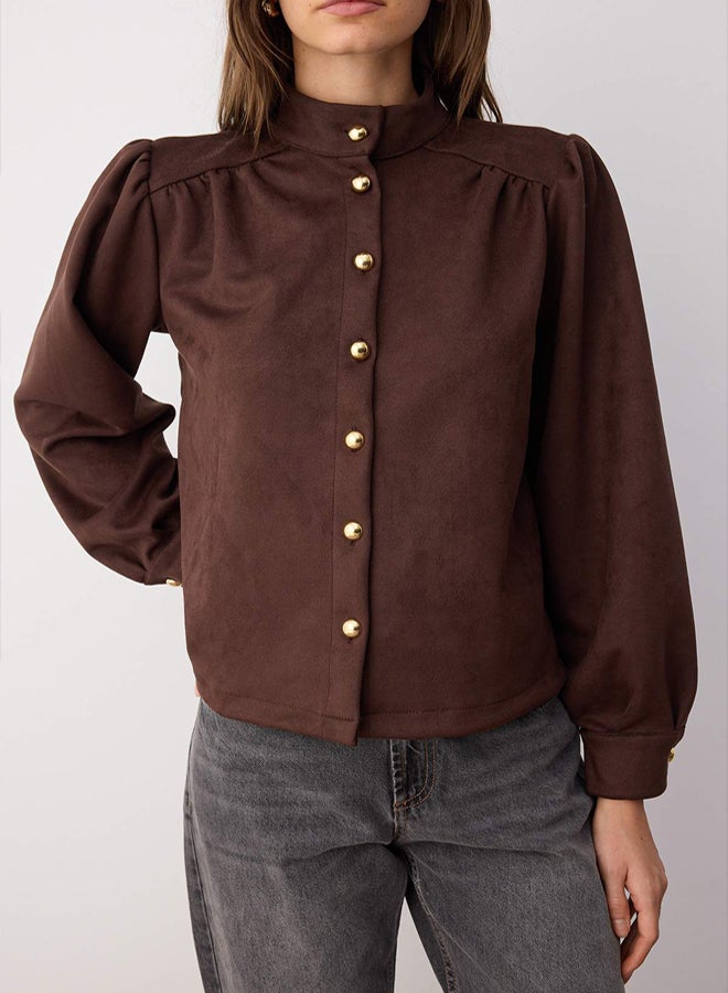 trendyol Dark Brown Button Detailed Suede Slim Jacket - Image 4