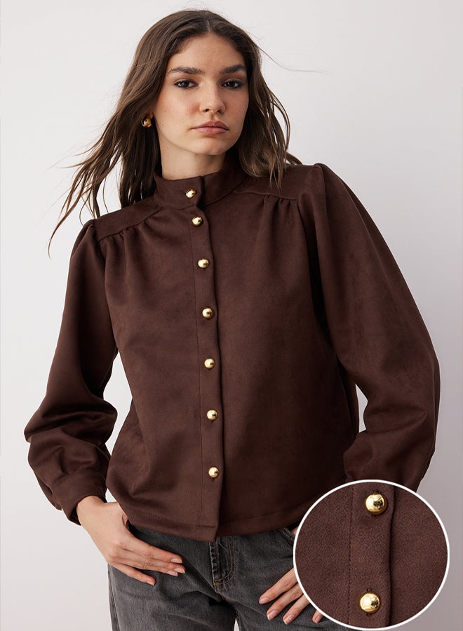 trendyol Dark Brown Button Detailed Suede Slim Jacket - Image 1
