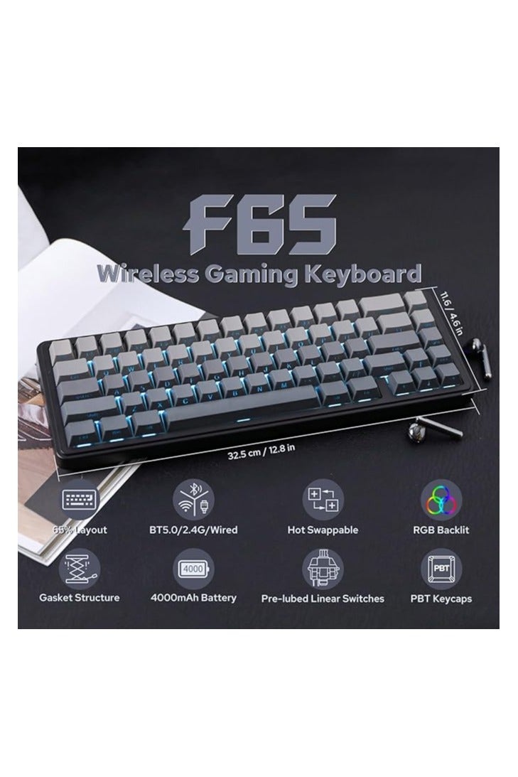 أولا لوحة مفاتيح ميكانيكية لاسلكية EPOMAKER x AULA F65 65%، لوحة مفاتيح مخصصة للألعاب مع حشوة قابلة للتبديل السريع مع خمس طبقات، وإضاءة خلفية RGB، وبلوتوث/2.4 جيجاهرتز/USB-C (أسود، مفتاح Graywood V3) - Image 2