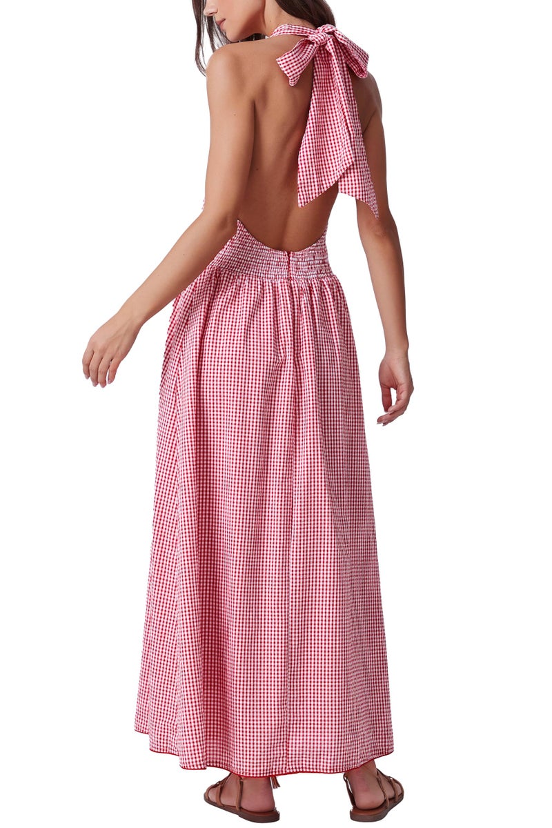 Kedera Women's Bow Tie Maxi Dress Backless Halter Neck Zipper Red Gingham Summer Dress with Pockets - Image 1