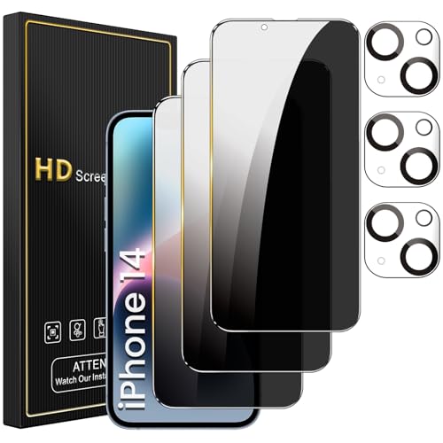 Romkasi 3 Pack Privacy Screen Protector for iPhone 14 61 Inch with 3 Pack Camera Lens Protector Anti Spy Tempered Glass Film AntiScratch Touch Sensitive Case Friendly - Image 1