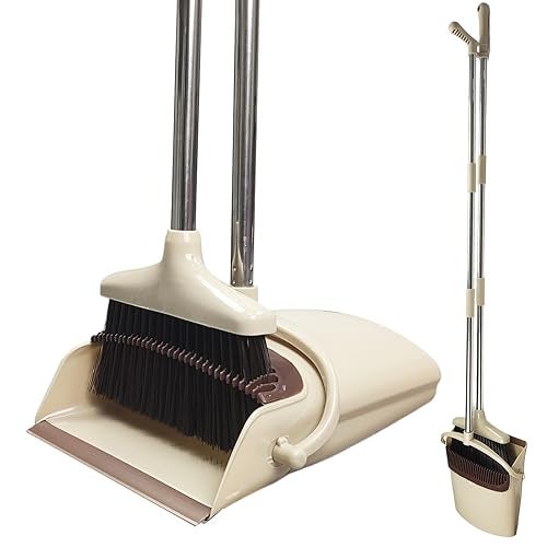 QPEY Broom and Dustpan Set for Home, Dust Pan with Long Handle 49.2" Broom with Dustpan Combo Set for Restaurant Kitchen Office Bedroom (Khaki) - Image 1