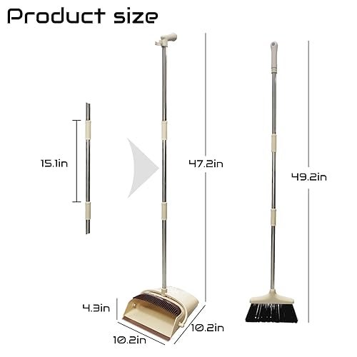 QPEY Broom and Dustpan Set for Home, Dust Pan with Long Handle 49.2" Broom with Dustpan Combo Set for Restaurant Kitchen Office Bedroom (Khaki) - Image 2